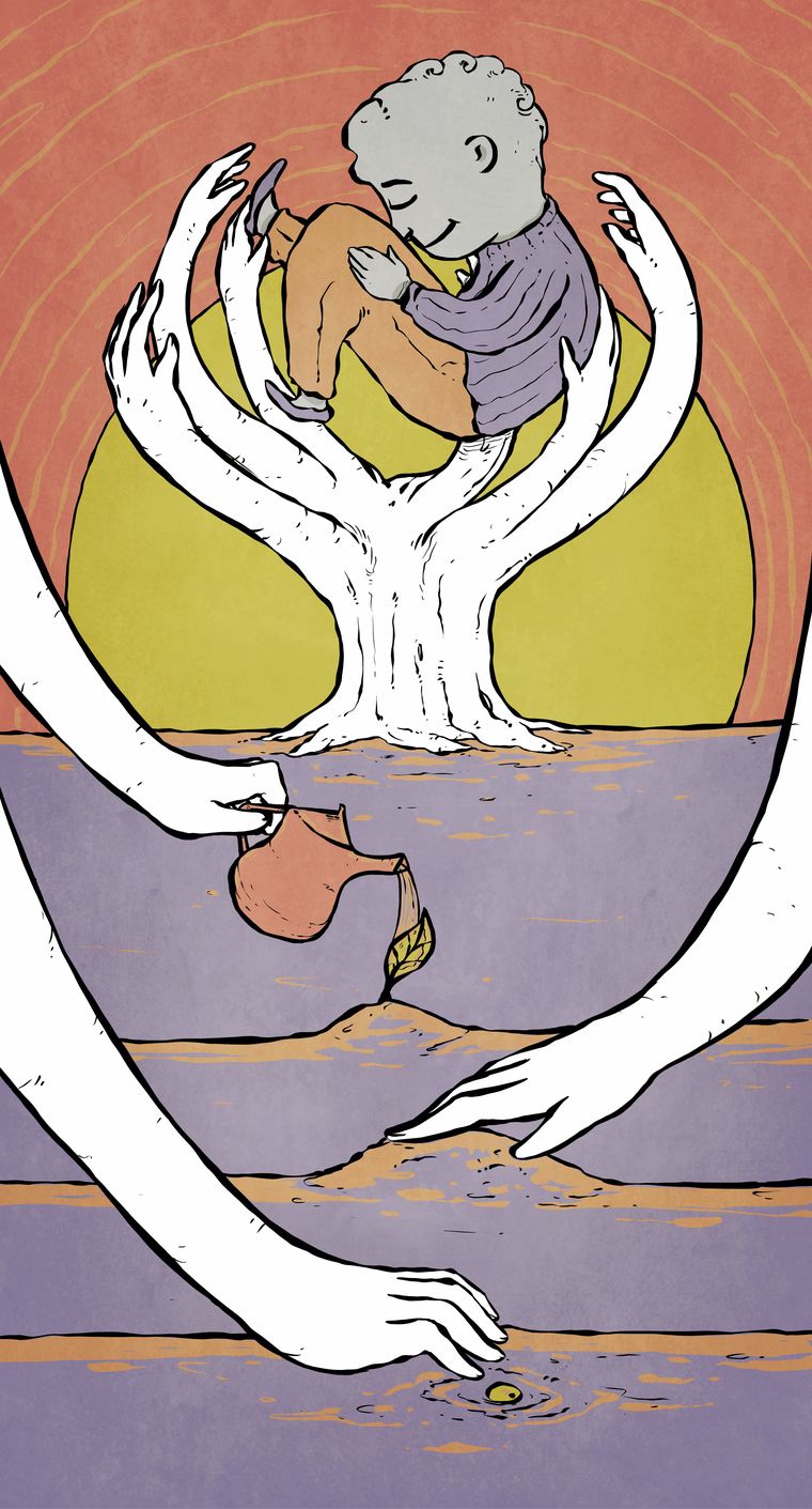 Illustration of many hands growing from a tree, lifting and holding a child, while other hands water and plant seeds below