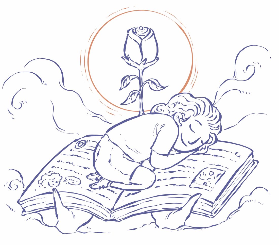 Line drawing of a child resting on an open storybook held up by hands, with a rose blooming inside a sun